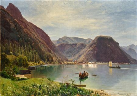 Attersee, View of Weißenbach with the Sechserkogel, the Breitenberg and the Little Schoberstein