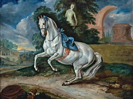 A portrait of the stallion Léal performing the levade