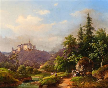 Scene with travellers near Pernstein Castle (Hrad Pernsteijn), Czech Republic by Josef Jonas - Auction record, sale price, and art valuation. Compare with similar artists and explore comparable artworks.