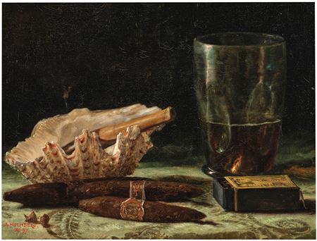 Still life with a shell, cigars, a matchbox and a glass