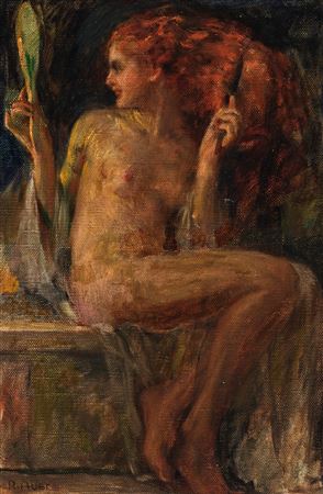 A lady with red hair at her toilet