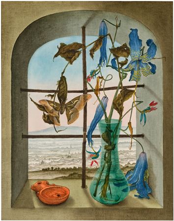 Still life with blue lilies in front of a window with a view of a landscape