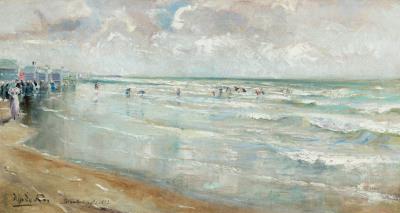 Bathers and beach cabins in Blankenberge by Hippolyte Le Roy - Auction record, sale price, and art valuation. Compare with similar artists and explore comparable artworks.