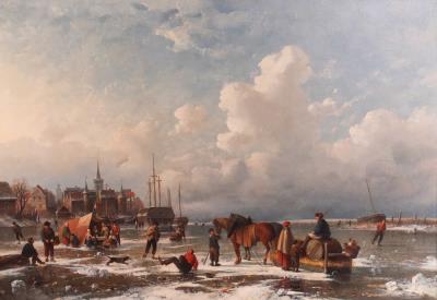 Winter Landscape with Frozen Pond and Skaters