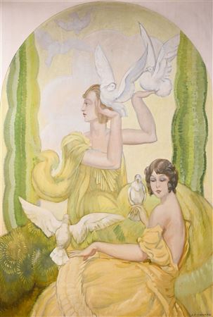 Two Young Women with Doves