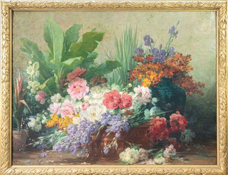 Still life with bouquets of flowers in a cauldron
