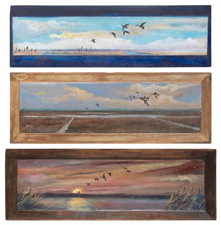 Three works depicting ducks in flight.
