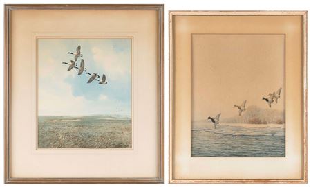 Two sporting views, one of geese in flight and the other of ducks over a marsh.