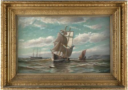 Two-masted ship flying a French flag, with ships and a coastline in the distance.