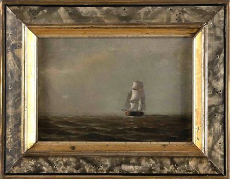 Square-rigged ship off the coast.