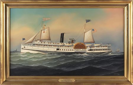 "Paddle Steamer Portland Passing Boon Island Light".