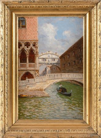 View of Venice, with a gondola passing below a bridge.