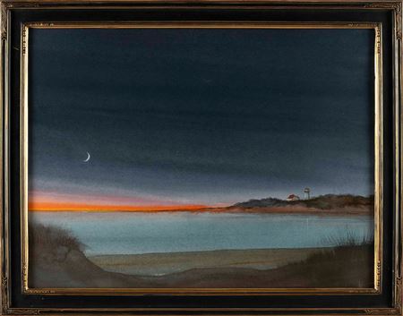 Moonlit coast with lighthouse.