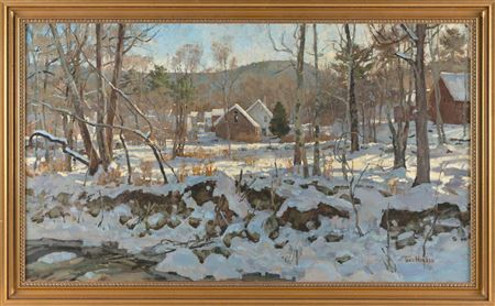 Winter landscape with several houses. by Tom Hughes - Auction record, sale price, and art valuation. Compare with similar artists and explore comparable artworks.