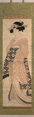 Scroll painting on paper of a woman wearing a kimono and brocade obi.
