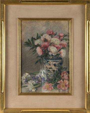 Still life of peonies and irises in a Chinese porcelain vase