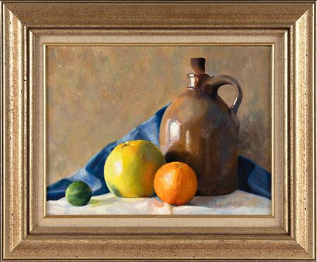 Still life of citrus fruit and a jug
