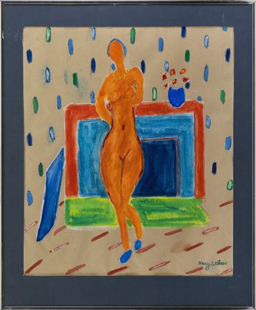 Female nude standing in front of a fireplace
