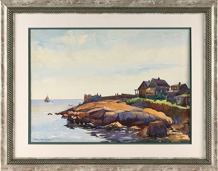 Figures and cottages on a rocky coast