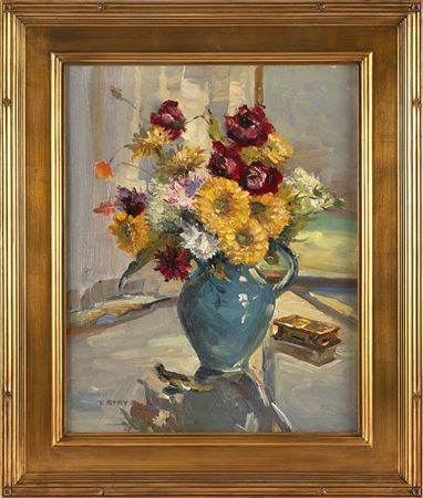 Blue vase with mums and roses