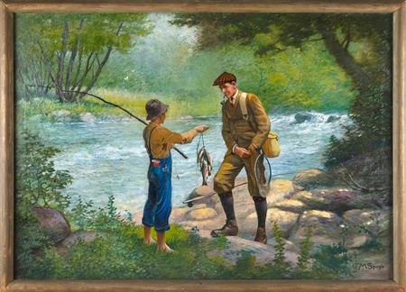 A young boy showing off his catch to a gentleman fisherman, possibly Daniel Carter "Uncle Dan" Beard (1850-1941), an illustrator, author and founding pioneer of the Boy Scouts of America.