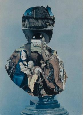 Classical bust with religious scene