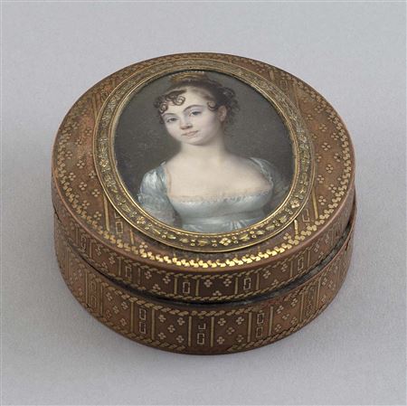 Oval miniature portrait of a young lady wearing a light blue dress