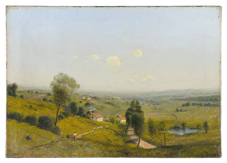 Expansive landscape with a figure and distant town.