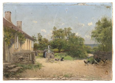 Farm scene with a woman at a well.