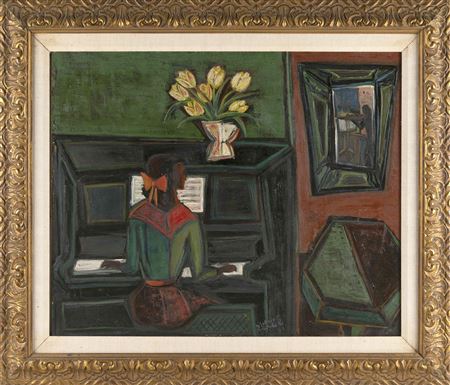 Interior scene with a woman playing a piano.
