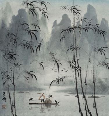 Fisherman and cormorants in a bamboo grove