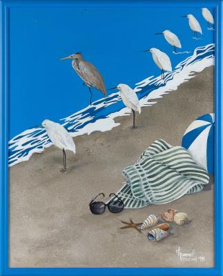 Whimsical shore scene with birds, towel and sunglasses