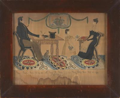 Portrait of John and Nancy Phelps, their daughter Nancy, and their cat