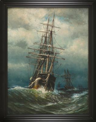 A whaleship at anchor in rolling seas