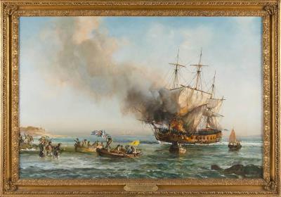 The British Frigate Actaeon Destroyed in Charleston Harbour S.C. After Running Aground Supporting the Attack 24th June 1776