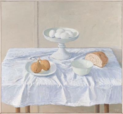 Still life of eggs, bread and onions