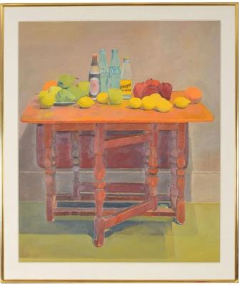 Still life of fruit and bottles on a gateleg table
