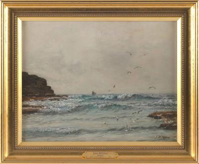 Rocky seascape with seagulls and a distant sailboat