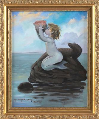 A mermaid child drinking from a conch shell