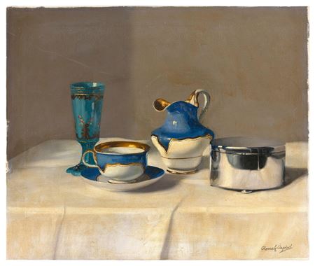 Tabletop still life in mostly blues and whites.