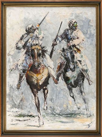 Two horsemen with guns