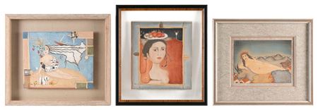 Three portraits: "Fishing for Compliments", "Passarim -Kunha" and a woman reclining on animals