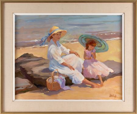 A mother and daughter on the beach