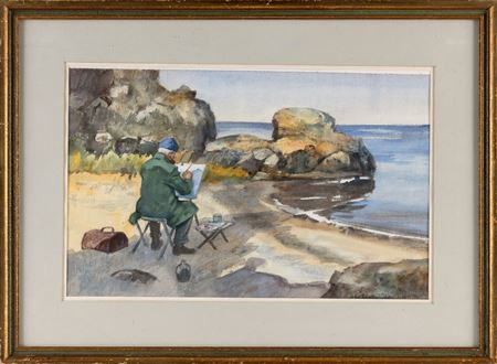 Artist painting at the seashore