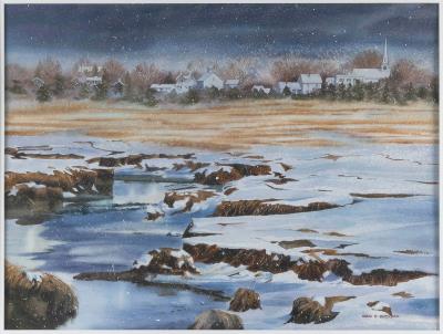 Cape Cod village from across a snowy marsh.