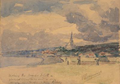Coastal scene with three figures clamming