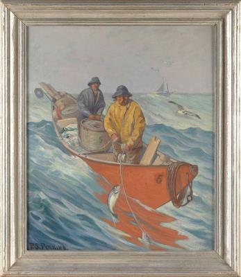 Two fishermen in a red dory