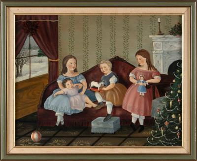 Four Children Seated on a Victorian Sofa Beside the Christmas Tree