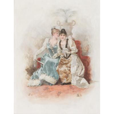 In elegant evening dress sharing a secret, two ladies on a velvet sofa