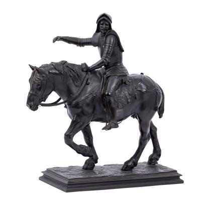 Bronze of a knight in full armor on a warhorse